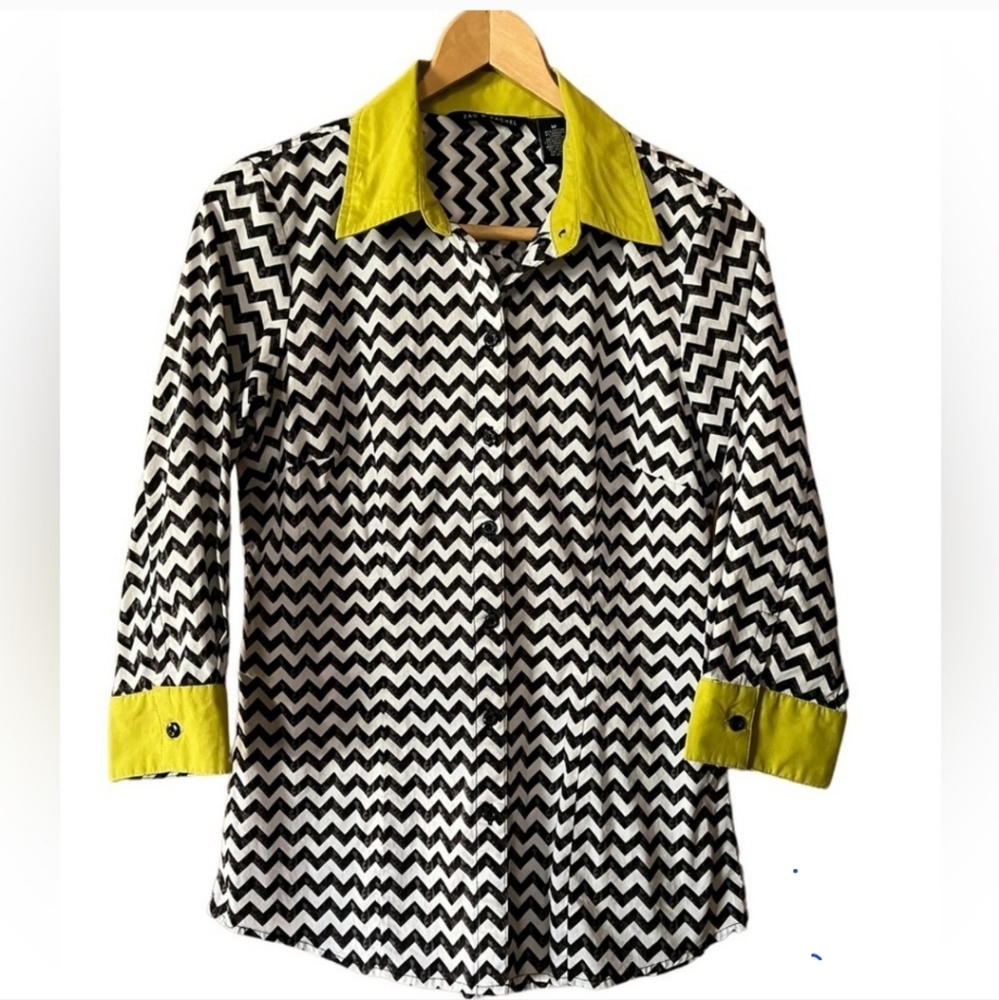 Zac & Rachel Black & White Chevron Pattern Button Down Top 3/4 Sleeves